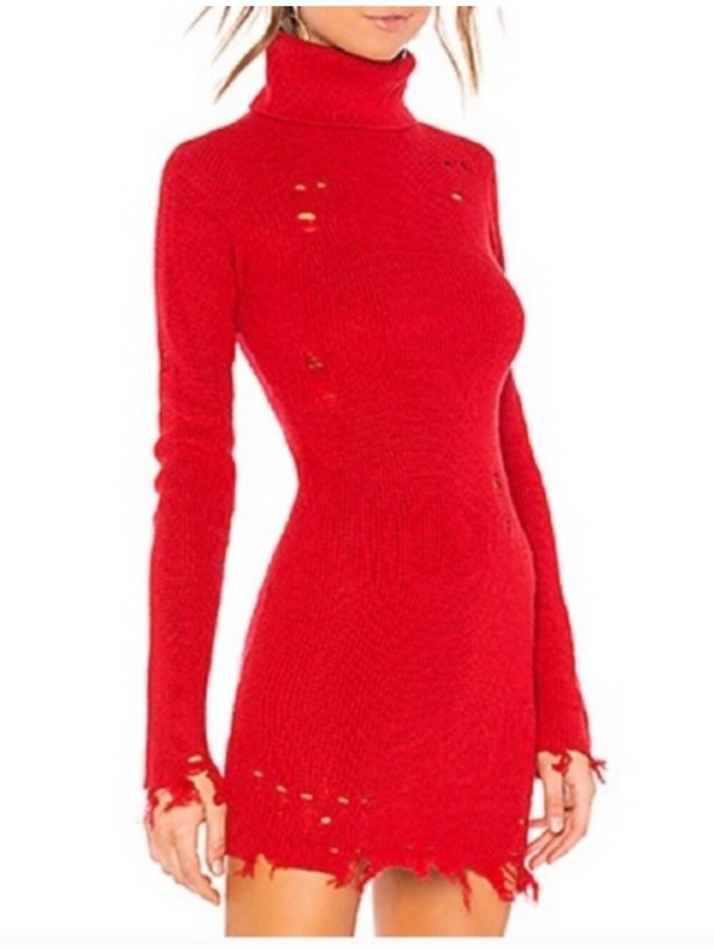Lovers Friends Wool Turtleneck Sweater Dress Distressed Mini Long Sleeve Red